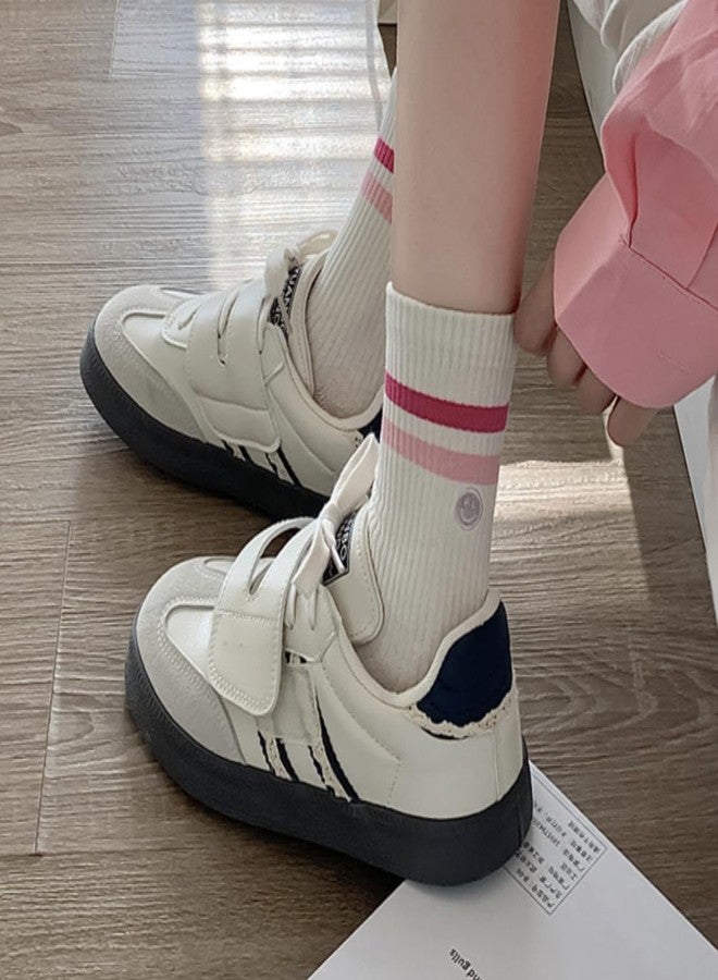 PLZSITDOWN Womens 2 Pairs Solid Color Two Stripe Crew Socks Casual Athletic Smiling Face Ankle Socks for women Girls Pink 2PC - Image 3